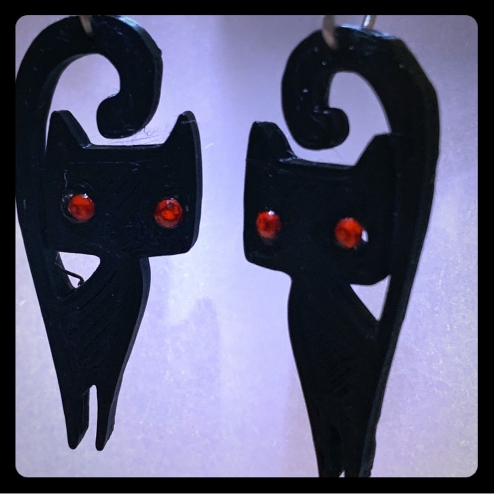 New Black Cat Handmade Artisan 3D Printed S925 Sterling Silver Dangle Earrings - Picture 5 of 7